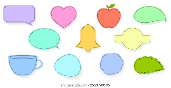 Set of multicolored stiker. Purple and teal peech bubbles. Pink heart. Red apple. Green leaf. Green tear. Purple flower. Blue cup. Yellow bell.	
