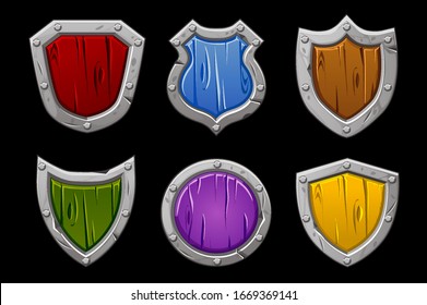 Set of multi-colored stone shields of various shapes. Isolated wooden shields for the game.