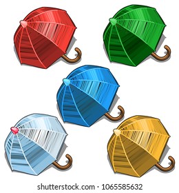 Set of multicolored straw umbrellas isolated on a white background. Vector cartoon close-up illustration.