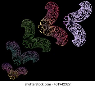 a set of multi-colored stylized butterflies of patterns