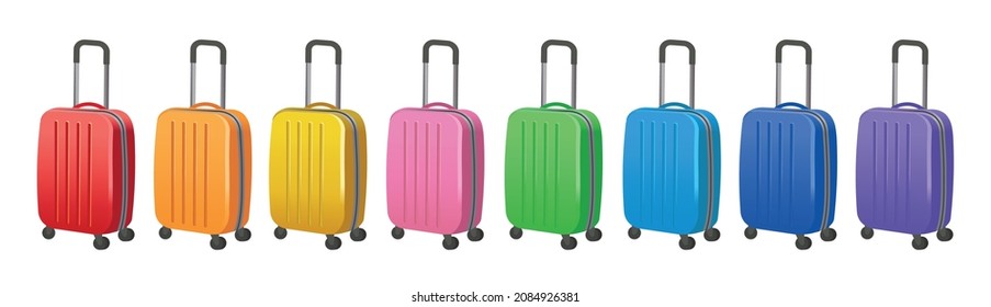 Set of multicolored suitcases on white background