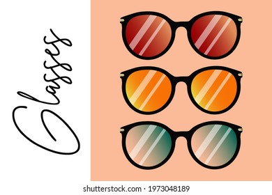 Set of multi-colored sunglasses with a modern shape in a black frame. Summer vector illustration, eps10