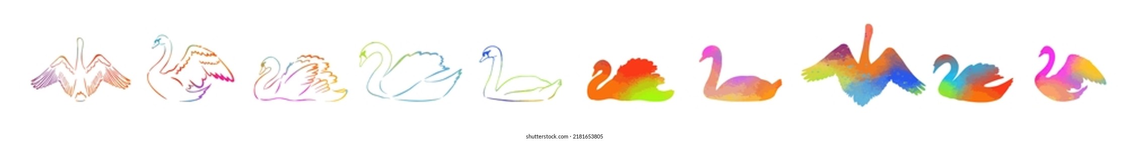 Set of multicolored swan silhouettes. One line drawing. Vector illustration