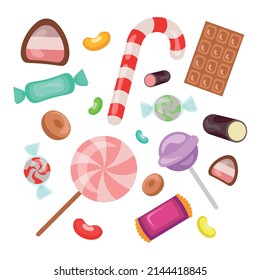 Set of multicolored sweets different forms on white background. Vector illustration of lollipops and chocolates for holidays in cartoon style.