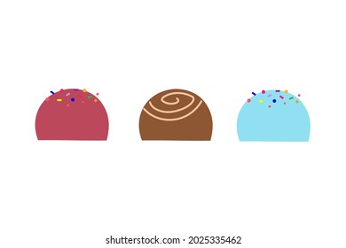 Set of multi-colored sweets on an isolated background. Dessert. A treat. Tea time. Design elements. Unhealthy food. Flat illustration. Vector illustration.