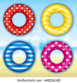 Set of multicolored swimming circles on a background of a blurry ocean and sky. Glare. Vector illustration for a postcard or a poster. Lettering. Summer and vacation.