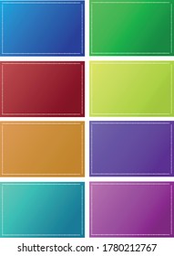 Conjunto de etiquetas multicolores con marco de guiones blancos con gradiente. Espacio libre para cualquier texto.