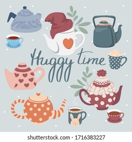 Set of multi-colored teapots with tea, on a blue background. Side view. Vector illustration. Hygge time. Flat design. Cartoon.