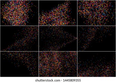 Set of Multicolored Texture Isolated on Black. Colorful Explosion of Confetti. Celebratory Background. Flat Design Element. Vector Illustration, EPS 10.