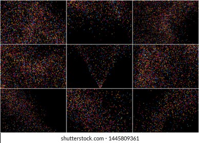 Set of Multicolored Texture Isolated on Black. Colorful Explosion of Confetti. Celebratory Background. Flat Design Element. Vector Illustration, EPS 10.