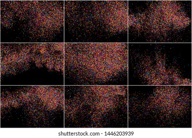 Set of Multicolored Texture Isolated on Black. Colorful Explosion of Confetti. Celebratory Background. Flat Design Element. Vector Illustration, EPS 10.