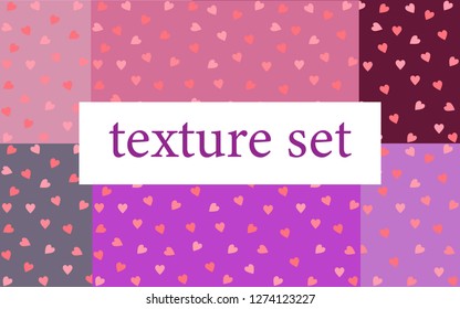 Set of multicolored textures with hearts. Hearts of pink shades.