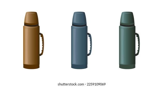 Set of multicolored thermoses. Hot drink containers. Travel mug for camping, hiking, traveling. Vector illustration isolated on white background.