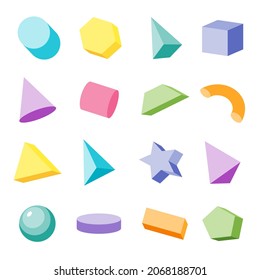 Conjunto de formas geométricas multicolores tridimensionales y primitivas aisladas sobre fondo blanco. Ilustración de material vectorial. 