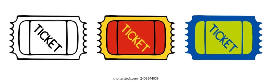 Set of multicolored Ticket line icon. Train, ticket office, concert, trip, travel, plane, cinema, theater, travel, tram, pass, circus, lottery. Vector icon for business and advertising
