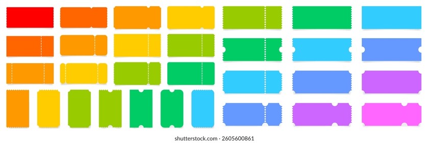 Set of multicolored ticket mockups with ruffle edges and shadows. Empty template. Concert, movie or theater ticket. Boarding blank, lottery, sale coupon. Rainbow palette