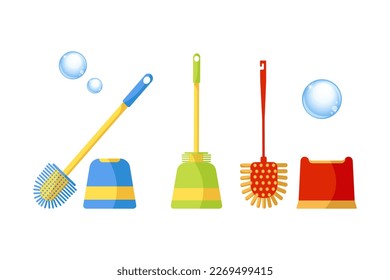 Set of multicolored toilet brush, stands for brushes isolated on white background. Household items. Household equipment for home and office. Toilet clean hygiene, sanitary wc bathroom concept. Vector