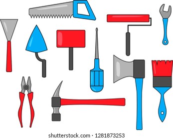Set of multicolored tool icons. Saw, screwdriver, trowel, hammer, adjustable wrench, paintbrush, sledgehammer, ax, pliers, roller, trowel
