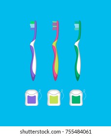 Set of multi-colored toothbrushes and dental floss. Care of teeth and oral cavity. Elements for use in dental clinics. Flat vector illustration
