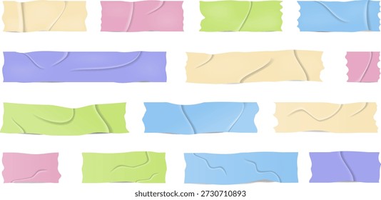 Um conjunto de pedaços de fita adesiva multicoloridos, incluindo fita adesiva, fita washi e tiras de papel. Vetor de alta qualidade de elementos de fita adesiva rasgados, enrugados em várias formas e texturas para
