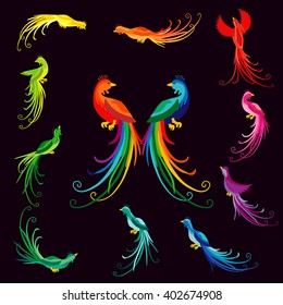 Set of multicolored traditional ethnic luxurious peacocks. Coloured vintage birds of paradise with rainbow tales. Logotype idea, colour elements. Isolated abstract graphic design template.