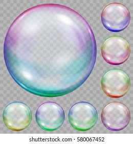 Set of multicolored translucent soap bubbles with glares on transparent background. Transparency only in vector file