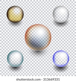 Set of multicolored transparent bubbles on a plaid background