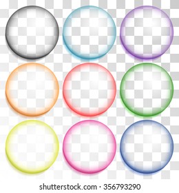 Set of multicolored transparent bubbles on a plaid background