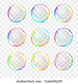 Set of multicolored transparent glass spheres. Transparency only in vector format. Can be used with any background. Realistic vector illustration.