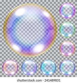 Set of multicolored transparent soap bubbles with glares