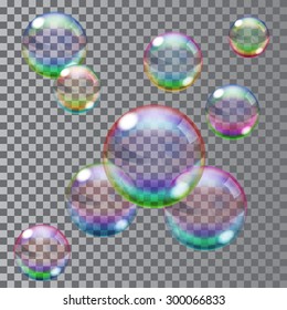 Set of multicolored transparent soap bubbles. Transparency only in vector file