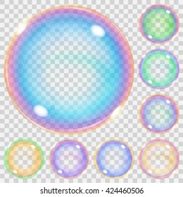 Set of multicolored transparent soap bubbles with glares. Transparency only in vector format. Can be used with any background