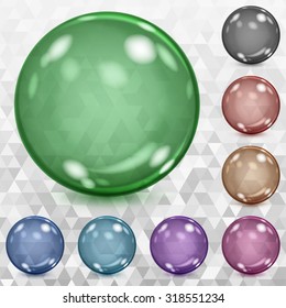 Set of multicolored transparent spheres with glares and shadows