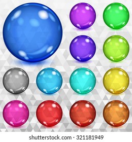 Set of multicolored transparent spheres with glares and shadows