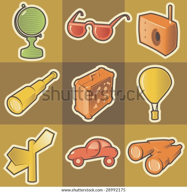 Set of multicolored travel retro\
icons. Hatched in style of engraving. Vector\
illustration.