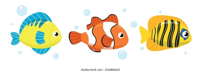 Set of multicolored tropical fish in cartoon style. Vector illustration of charming characters aquarium fish with bubbles around.