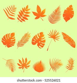 Set of multicolored, tropical watercolor leaves on a beautiful background