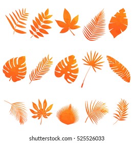 Set of multicolored, tropical watercolor leaves on a beautiful background