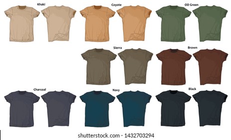 Set of multicolored t-shirts mockups of military colors.