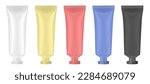 Set of multicolored tubes. 3d mockup. Black, blue, red, yellow and white colors. Hand cream