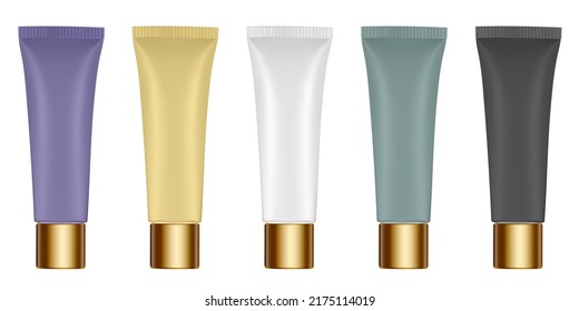 Set of multicolored tubes. 3d mockup. Shades of natural beige color. Concealer or foundation. Salve or ointment. Gold cap. Purple, green, yellow, white and black