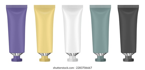 Set of multicolored tubes. 3d mockup. Purple, black, green, yellow and white colors. Hand cream