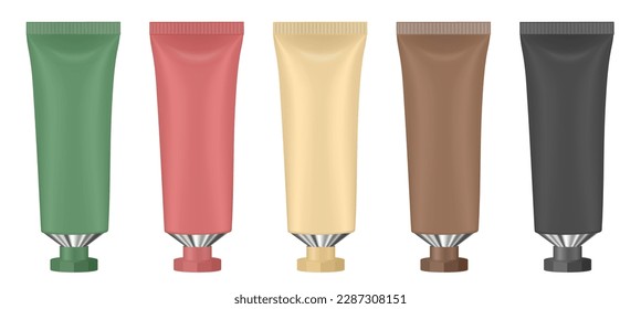 Set of multicolored tubes. 3d mockup. Green, red, beige, brown and black colors. Hand cream	