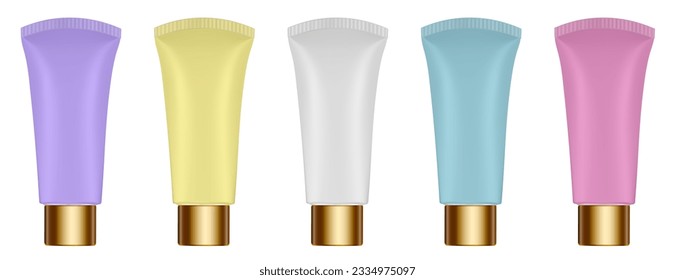 Set of multicolored tubes. 3d mockup. Rainbow palette. Purple, blue, green, yellow and pink colors. Hand cream, mask or lotion. Professional shampoo. Gold cap