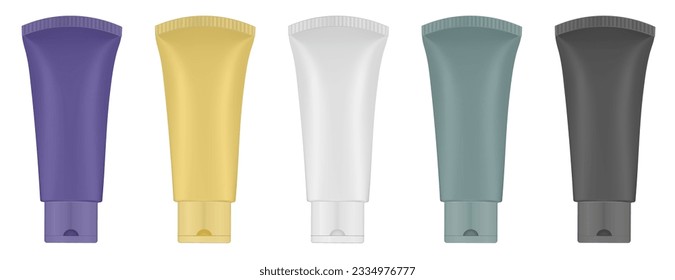 Set of multicolored tubes. 3d mockup. Purple, black, green, yellow and white colors. Hand cream, mask or lotion. Professional shampoo