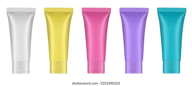 Satz mehrfarbiger Röhrchen. 3D-Muster. Violett, blau, rosa, gelb und weiß. Handcreme, Maske oder Lotion. Professionelles Shampoo