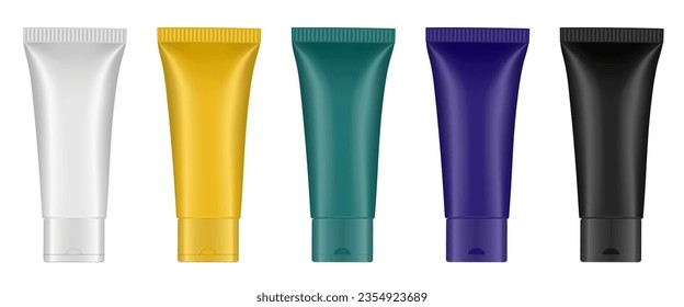 Set of multicolored tubes. 3d mockup. Purple, green, black, gold and white colors. Hand cream, mask or lotion. Professional shampoo	