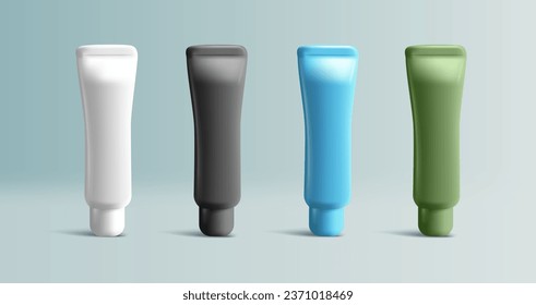 Set of multicolored tubes. 3d mockup. Green, blue, black and white colors. Hand cream or toothpaste mockup