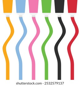 Set of multicolored tubes. mockup. Green, blue, pink, yellow and black colors. Isolated in white background.