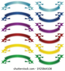 Set of multi-colored twirling ribbons with white stripes on them on a white background. Graphic resources.
